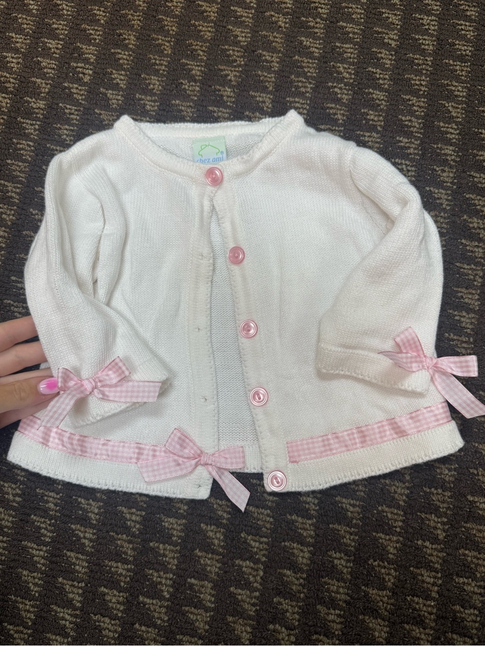 Pink-Trim White Knit Baby Cardigan